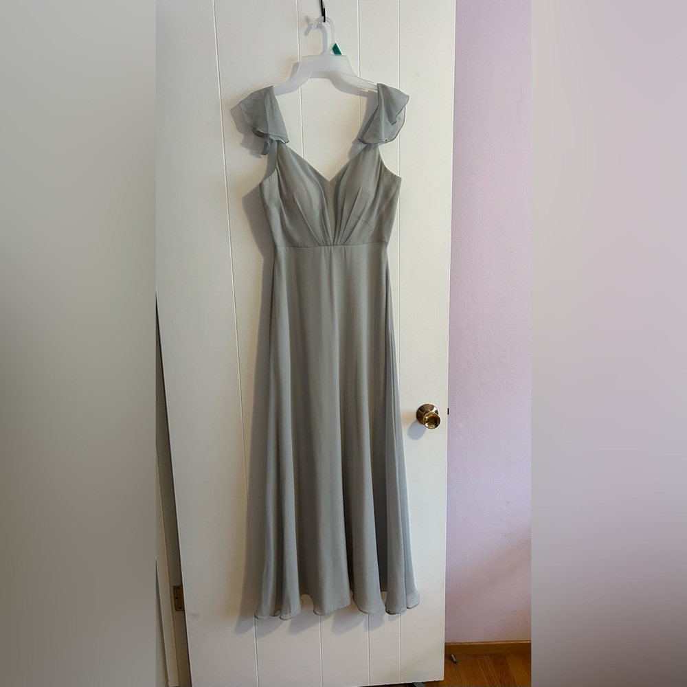 Birdy grey dove grey bridesmaid dress with fluttery cap sleeves (hemmed to ~5’4) - Picture 3 of 7